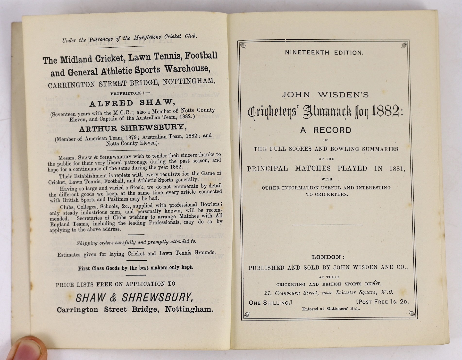 Wisden, John - Cricketers’ Almanack for 1882, 19th edition, original paper wrappers, minor loss to spine head and foot, slight spotting to endpapers.
